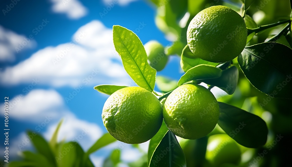 Poster triple limes on tree branch with bright sky and greenery : generative ai