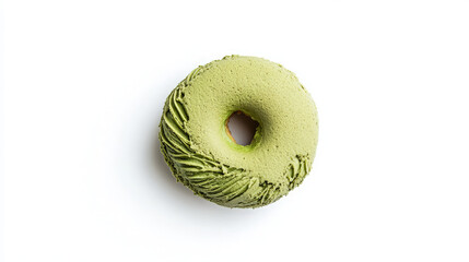 A green donut with a smooth texture, likely made from matcha or green tea flavoring.