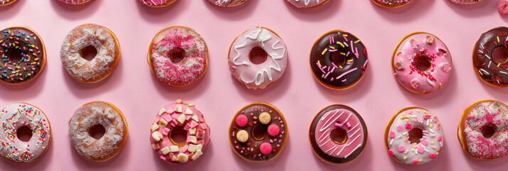 Fototapeta premium horizontal banner, National Donut Day, a row of multi-colored donuts covered with icing and confetti, pink background