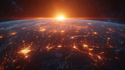 Sunrise over earth from space, glowing horizon. Cosmic exploration and astronomical observation concept