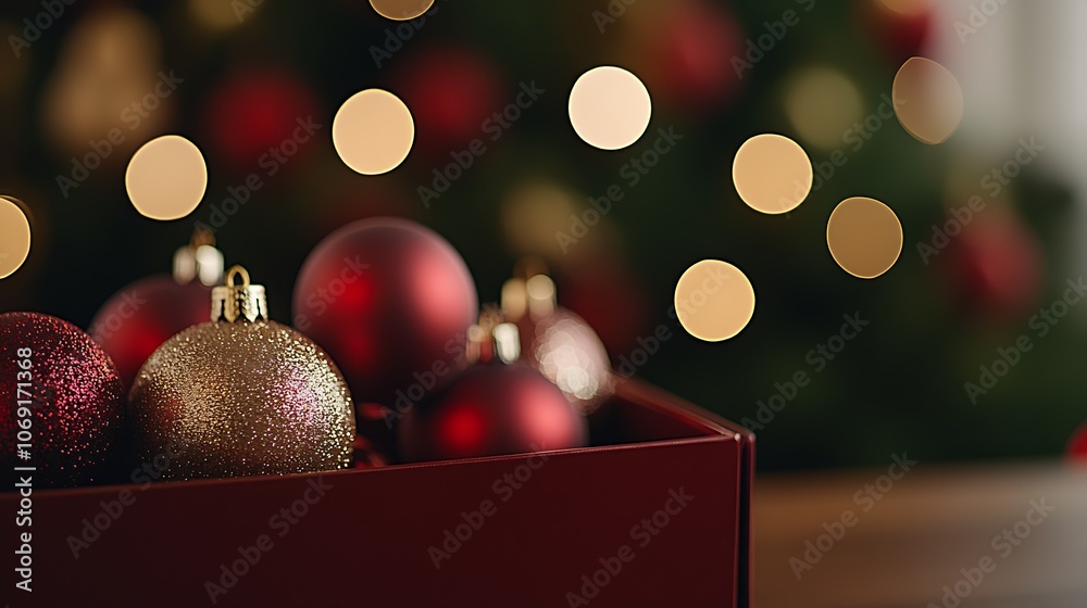 Poster box of red and gold christmas baubles with blurred festive lights background : generative ai
