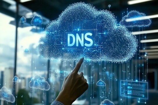 Pointing at DNS cloud icon on transparent screen symbolizing domain name system secure data handling and network configuration in cloud environments
