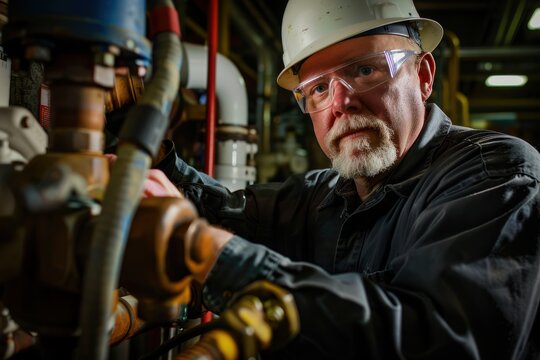 Skilled Technician in Industrial Setting with Safety Gear and Large Wrench