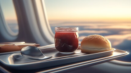 Airplane Culinary Delight with Bread Roll and Preserves in Flight : Generative AI