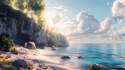Lifelike coastal landscape digital painting with intricate natural details image