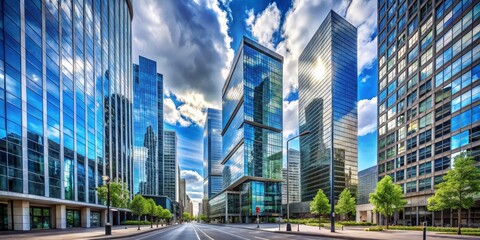 Fototapeta premium Glass Skyscrapers Reflecting Blue Sky and Clouds, Composition Wide Shot, Image Details Cityscape, Concept Modern Architecture, cityscape, urban