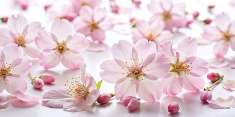 Naklejka premium Delicate Pink Cherry Blossoms on White Background, Flower, Spring, Blossom