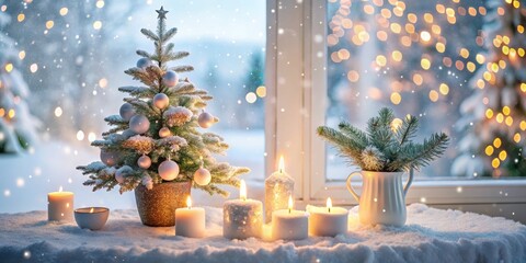 Cozy Winter Windowsill with Candles and Miniature Christmas Tree, Snowfall, Winter Wonderland , Christmas Decor, Holiday Lights