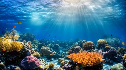Fototapeta premium A vibrant coral reef with diverse marine life, clear water, and sunlight.