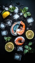 Delicious Shrimp and Oyster Arrangement on Ice with Lemon and Mint in a Culinary Presentation : Generative AI