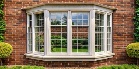 Obraz premium Bay Window with Brick Wall and Green Foliage, brick wall, window, foliage