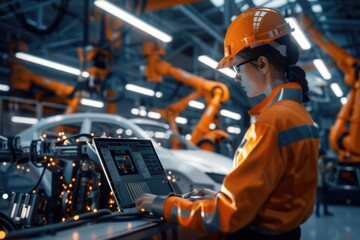 Female engineer monitors robot arm assembly line in car factory.