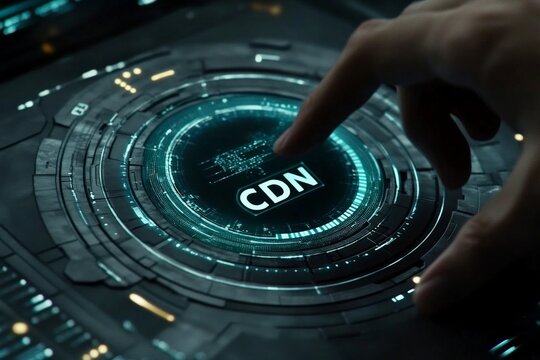 Finger pointing at holographic CDN icon symbolizing content delivery network performance and high speed data in digital infrastructure