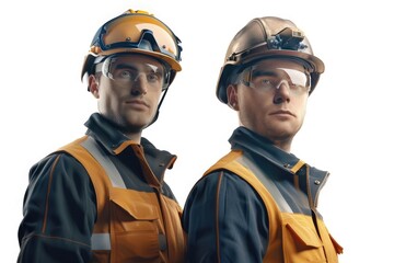 Factory workers in uniforms wearing helmets and goggles isolated on white background