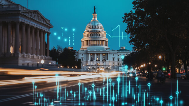 A panoramic view of the Capitol, overlaid with economic trendlines and currency symbols in blue and green, representing national economic policies.
