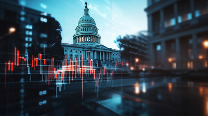 The Capitol Building set against a clear sky, with futuristic stock market graphics overlay in bright colors, showing financial interdependence.