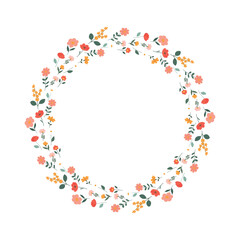 Botanic round frame in flat style. Childish style border of bouquet. Floral wreath isolated on white background. Spring flowers frame. Vector illustration