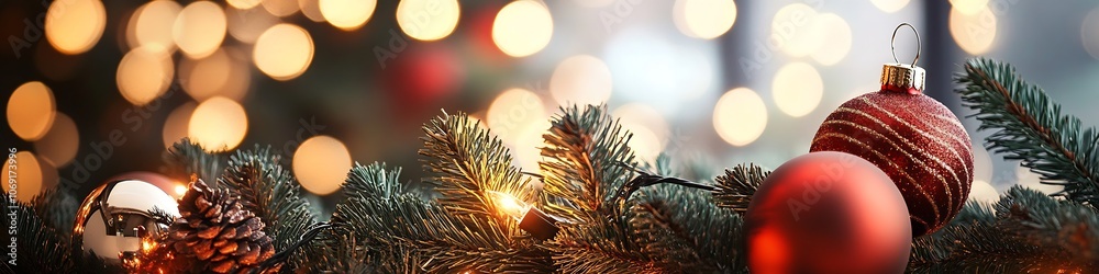 Poster Elegant Red and Gold Christmas Decorations on Pine Branch with Soft Defocused Bokeh Lights : Generative AI
