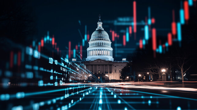 The Capitol Building under a digital network of stock graphs and data points, representing the flow of financial information and policy.