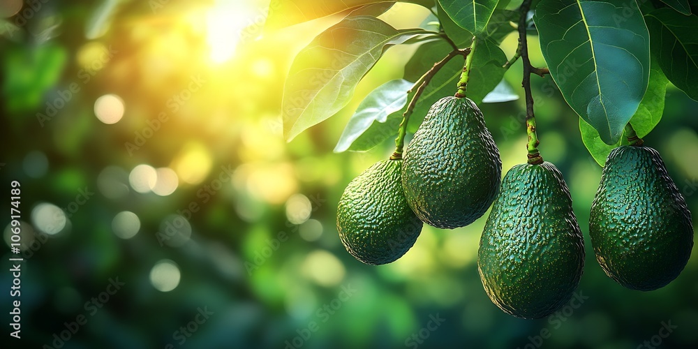 Poster vibrant cluster of avocados hanging from lush green tree with sunlight : generative ai