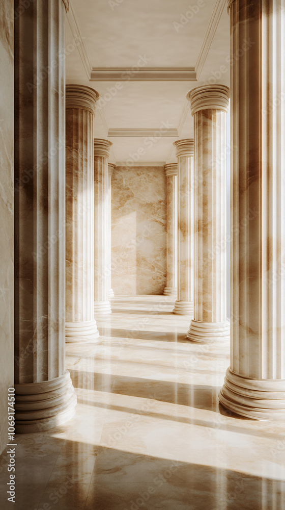Poster sunlight is illuminating a hallway with marble columns and a shiny marble floor