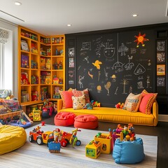 Naklejka premium A vibrant kids' room filled with colorful furniture, a chalkboard wall for creative drawing, and an abundance of toys, creating an engaging and playful environment for children.