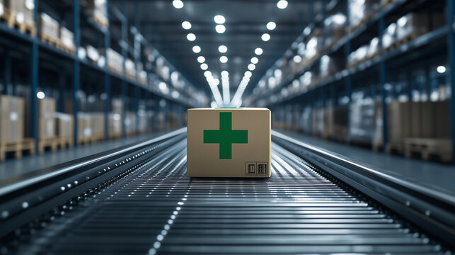 An automated conveyor belt in a state-of-the-art warehouse, transporting a box with a green cross, symbolizing medical supply chain efficiency.