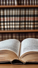 Obraz premium Law book open on a wooden table with a blurred bookshelf filled with law books in the background