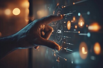 Hand pointing to CDN holographic display symbolizing digital transformation content delivery network and high speed data access in cloud technology