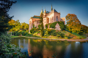 Colorful autumn view of Castle of Spirits (Bojnice Castle). Wonderful morning cityscape of Bojnice, historical town in east Slovakia located on the Nitra river. Traveling concept background.