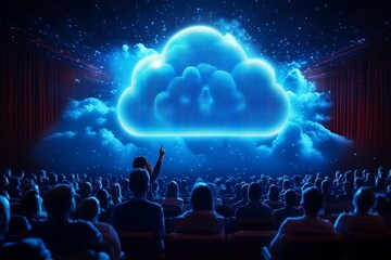 Auditorium with large illuminated cloud display symbolizing cloud adoption digital presentations and information sharing in tech events