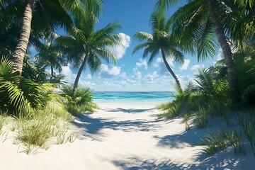 Obraz premium Sunlit Path Through Palm Trees to Turquoise Sea