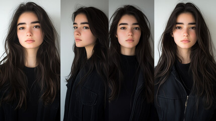 Fototapeta premium Collage of 4 Portrait Photos of a Girl with Wavy Hair 