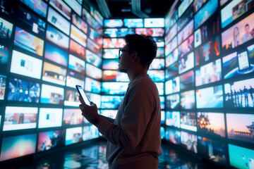 Young Man Using Smartphone in Front of a Wall of Television Screens Displaying Multimedia Content