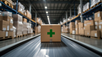 A spacious, organized warehouse with a green-crossed box moving on a conveyor belt, symbolizing safe and secure medical product transport.