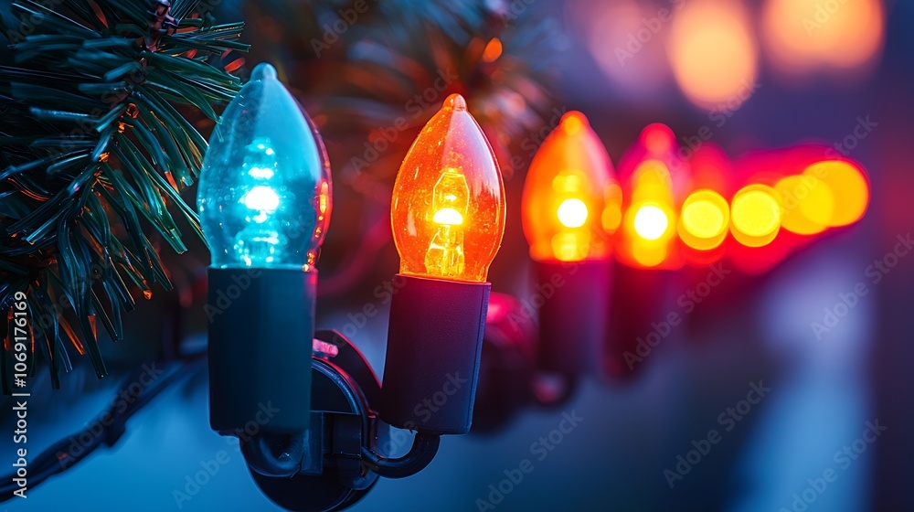 Poster string of colorful festive christmas bulbs illuminating the evening sky : generative ai