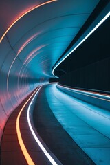 Futuristic Tunnel with Blue and Orange Neon Lights.