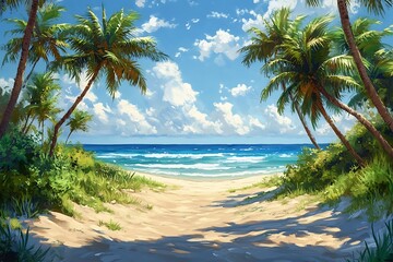 Obraz premium Sunlit Tropical Beach Path with Lush Palms