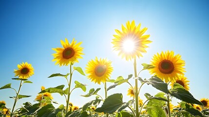 A vibrant sunflower field with tall sunflowers reaching towards the bright sun, set against a clear blue sky, creates a lively and cheerful scene.
