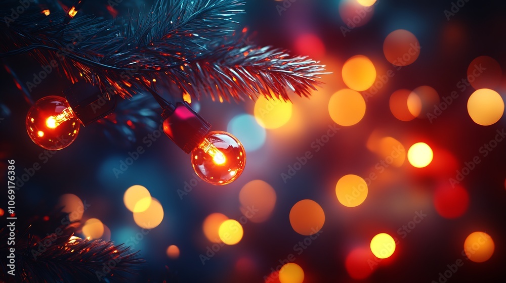 Aufkleber Illuminated Christmas Baubles on Pine Tree with Glowing Bokeh Background : Generative AI