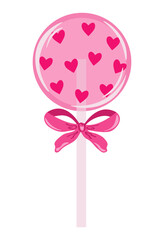 Sweet sugar round candy on stick with ribbon bow. Cute holiday lollipop decorated with pink hearts