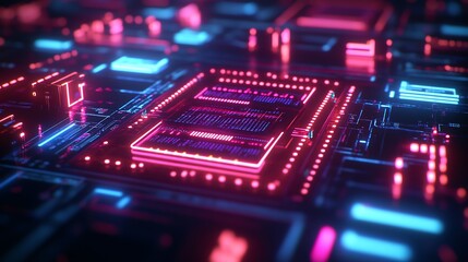 Fototapeta premium Futuristic Electronic Circuit Board with Glowing Neon Lights and Digital Design : Generative AI