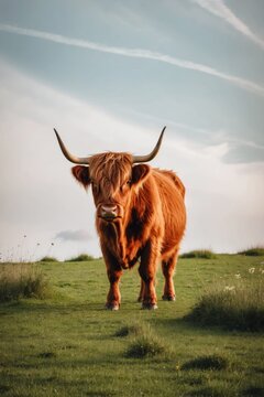 Highland cow leisurely grazes in grassy landscape.