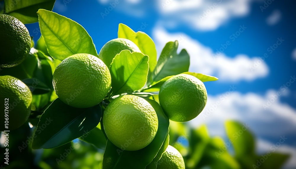Poster cluster of bright limes on branch with vibrant sky background : generative ai