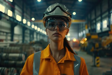 Female engineer in safety gear uses tablet in metal warehouse.