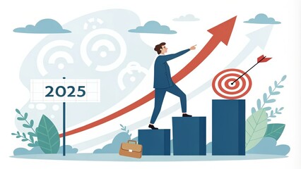 Fototapeta premium A businessman climbs a staircase of bars representing progress, reaching for a target symbol, with an arrow pointing towards it. The red arrow symbolizes growth and success. The year 2025 is on a si