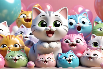 Fototapeta premium Cartoon animals set featuring a cat, mouse, butterfly, dog, pig, tiger, fox, bear, kitten, and more in a fun and cute style