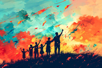 Fototapeta premium A group of people stands hand in hand on a grassy hill, joyfully celebrating as vivid colors of sunset create a magical canvas in the sky above them. Copy space