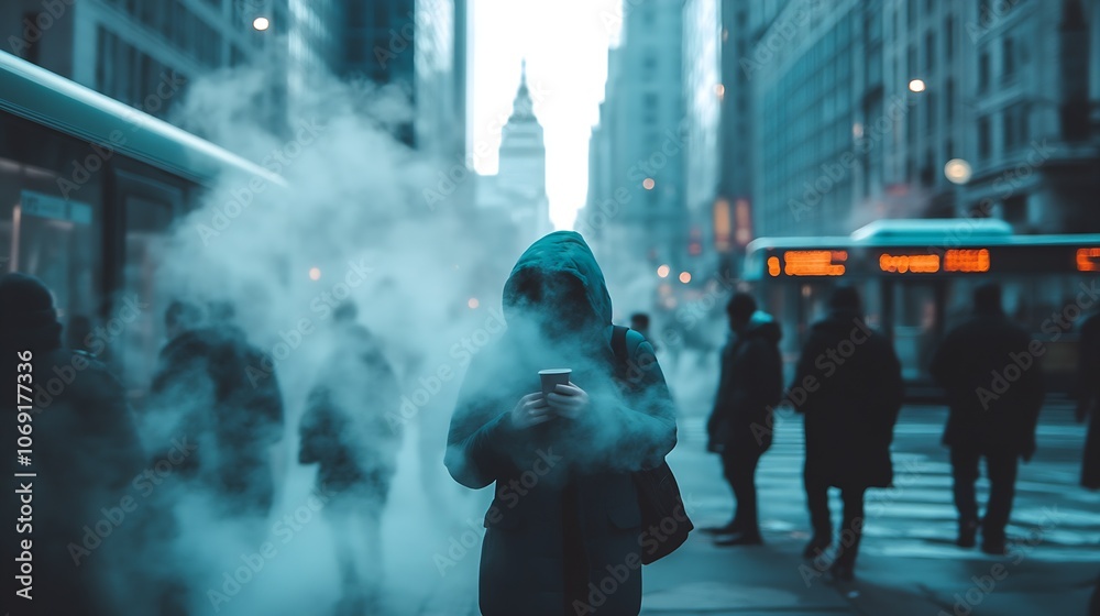 Poster anonymous pedestrian using smartphone on busy street with city lights : generative ai