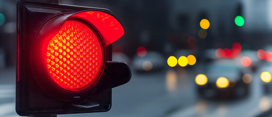 Close-up of a red traffic light at an intersection, with blurred cars in the background